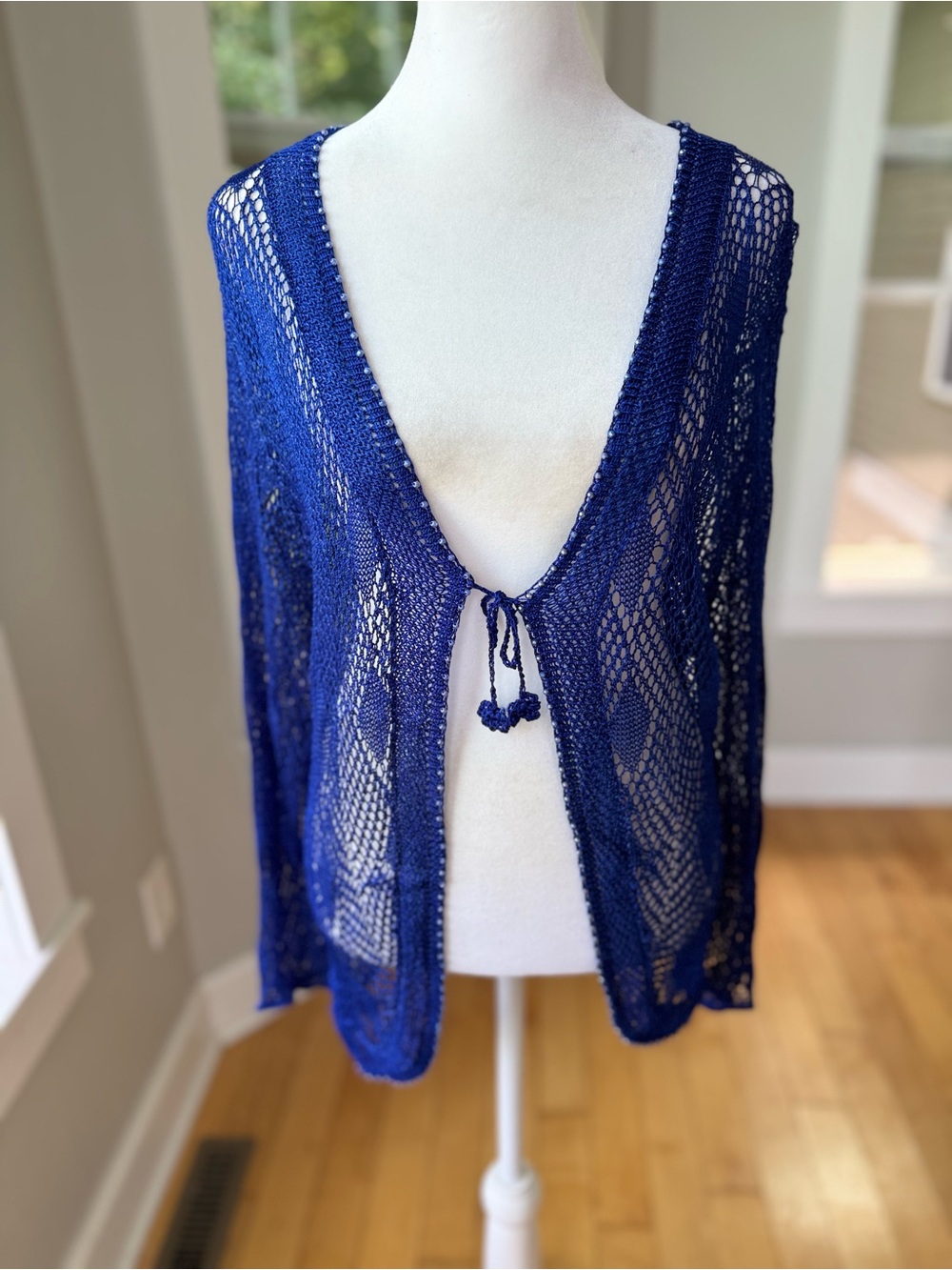 Vintage Royal Blue Beaded Open Knit Crochet Tie Front Cardigan Sweater Top Sz L